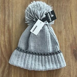 Gray Cuffed Pom Beanie with Silver Band and Glitter Accent